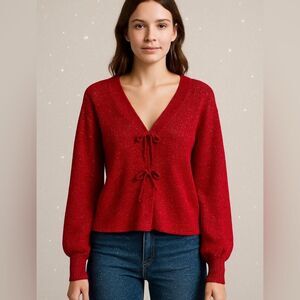 Cato Fashions SHIMMER BOW BUTTON CARDIGAN Holly Red Sparkle Holidays Large